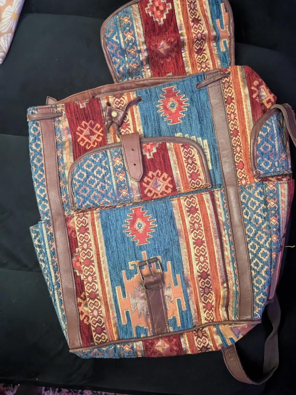 Bohemian Woven Backpack in Blue and Red